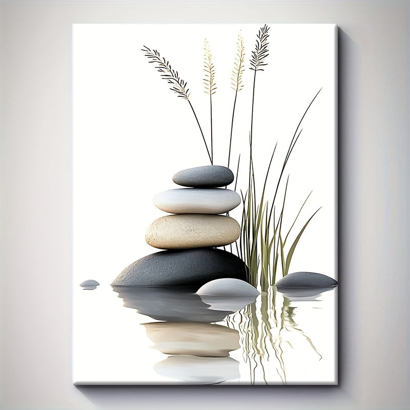 [Bohemian Wall Art] 1pc Solid Wood Framed Canvas Poster - Waterproof Durable Wall Art with Tranquil Stacked Stones & Grasses Design, Contemporary Bohemian Modern Style for Living Room, Bathroom Decor, Spring Holiday Gift for