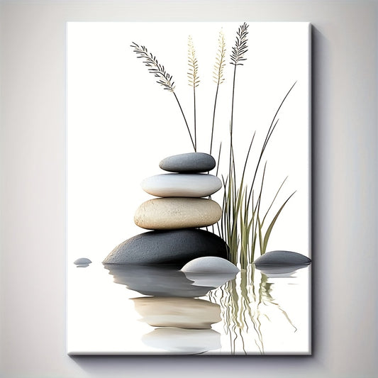 [Bohemian Wall Art] 1pc Solid Wood Framed Canvas Poster - Waterproof Durable Wall Art with Tranquil Stacked Stones & Grasses Design, Contemporary Bohemian Modern Style for Living Room, Bathroom Decor, Spring Holiday Gift for