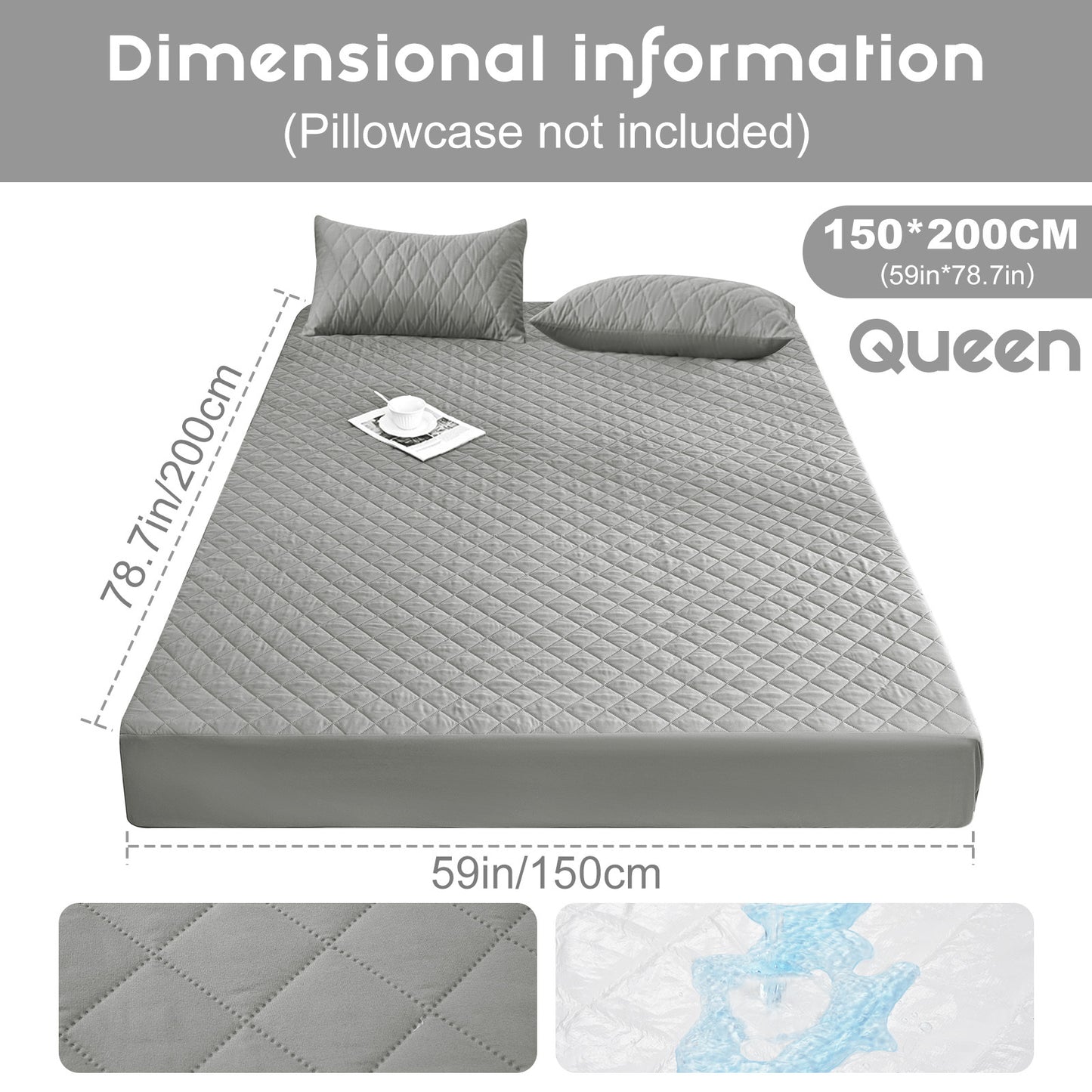 Waterproof Mattress Protector - Super Soft Quilted Polyester, Gray Satin Finish, Elastic Fit with Button Snap Closure, Machine Washable for Home & Hotel Use (Pillowcases Not Included), Comfortable Sleeping, Elegant Bedroom St