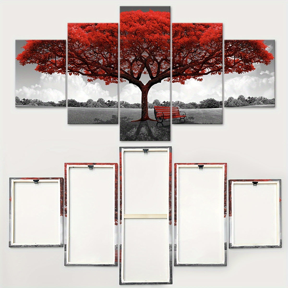 2D Flat, [2D FLAT] 5pcs Frame Red Happiness Tree Canvas Poster, Five Panel Scene Art, Modular Picture, Print Painting, Modern Art, Ideal Decor for Bedroom Living Room Kitchen Dorm, Wall Decoration, Gift for Family Friends, Mu