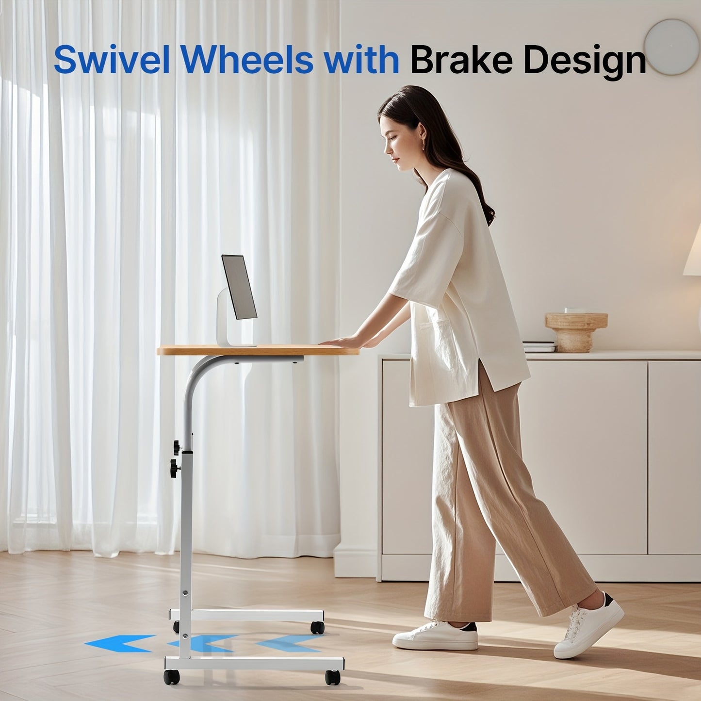 40*80cm Adjustable Height Standing Desk, Mobile Computer Table with Wheels, 26.4"-34.7" Height Range, Spacious and Stable Study Desk, Suitable for Home, Office, and Living Room