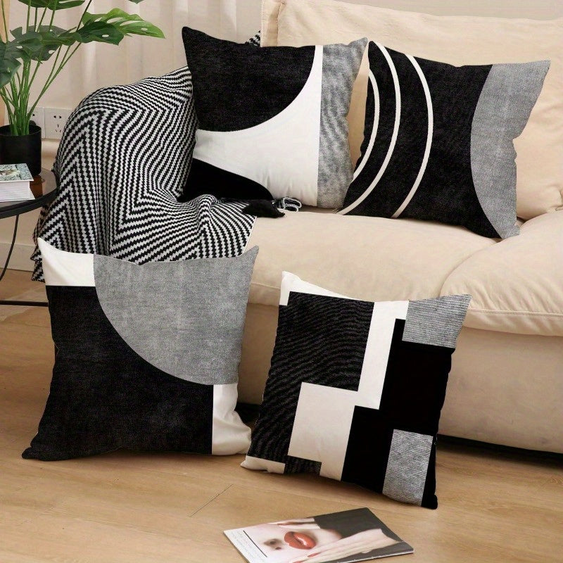 4-Pack Black & White Geometric Print Pillow Covers - Mid-Century Modern Abstract Design, Zipper Closure, Machine Washable Decorative Cushion Covers for Sofa, Bedroom, Living Room - Mother's Day & Father's Day Gift (No Insert