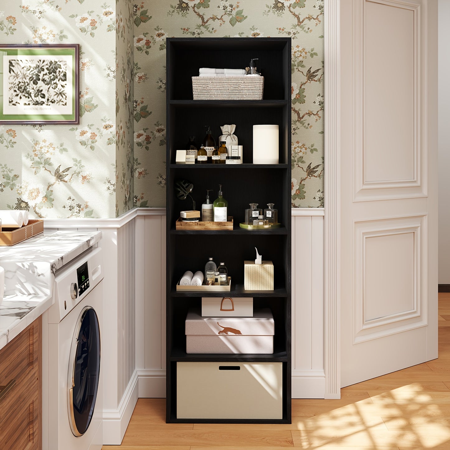 Modern Industrial 6-Tier Bookcase with Cabinet Doors - White & Black Wood Storage Shelf Unit, Space-Saving Floor Cabinet with Spacious Top Shelf, Easy Assembly, Sturdy -Tip Design for Living Room, Office, Bedroom - Multi-Purp