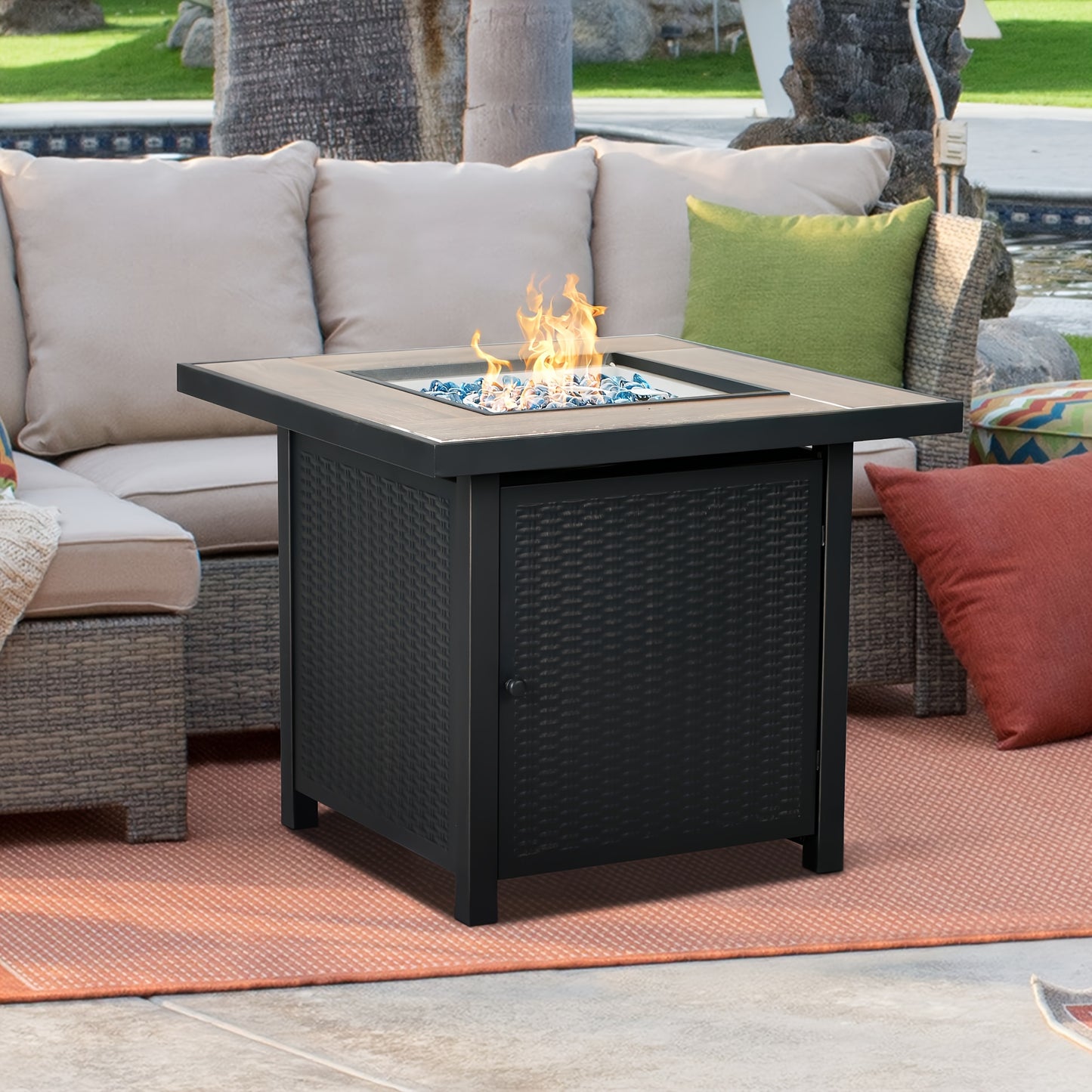 BALI OUTDOORS 50,000 BTU Heavy-Duty Propane Gas Fire Pit Table - 30" Square Outdoor fireplace with Fire Glass, Powder-Coated Steel Construction, Extreme Heat, for Backyard, Patio, Garden - Converts to Dining Table with Lid, B
