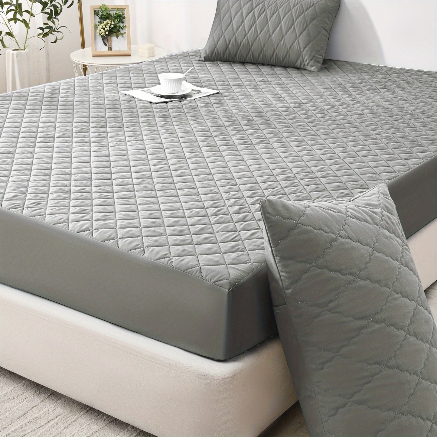 Waterproof Mattress Protector - Super Soft Quilted Polyester, Gray Satin Finish, Elastic Fit with Button Snap Closure, Machine Washable for Home & Hotel Use (Pillowcases Not Included), Comfortable Sleeping, Elegant Bedroom St