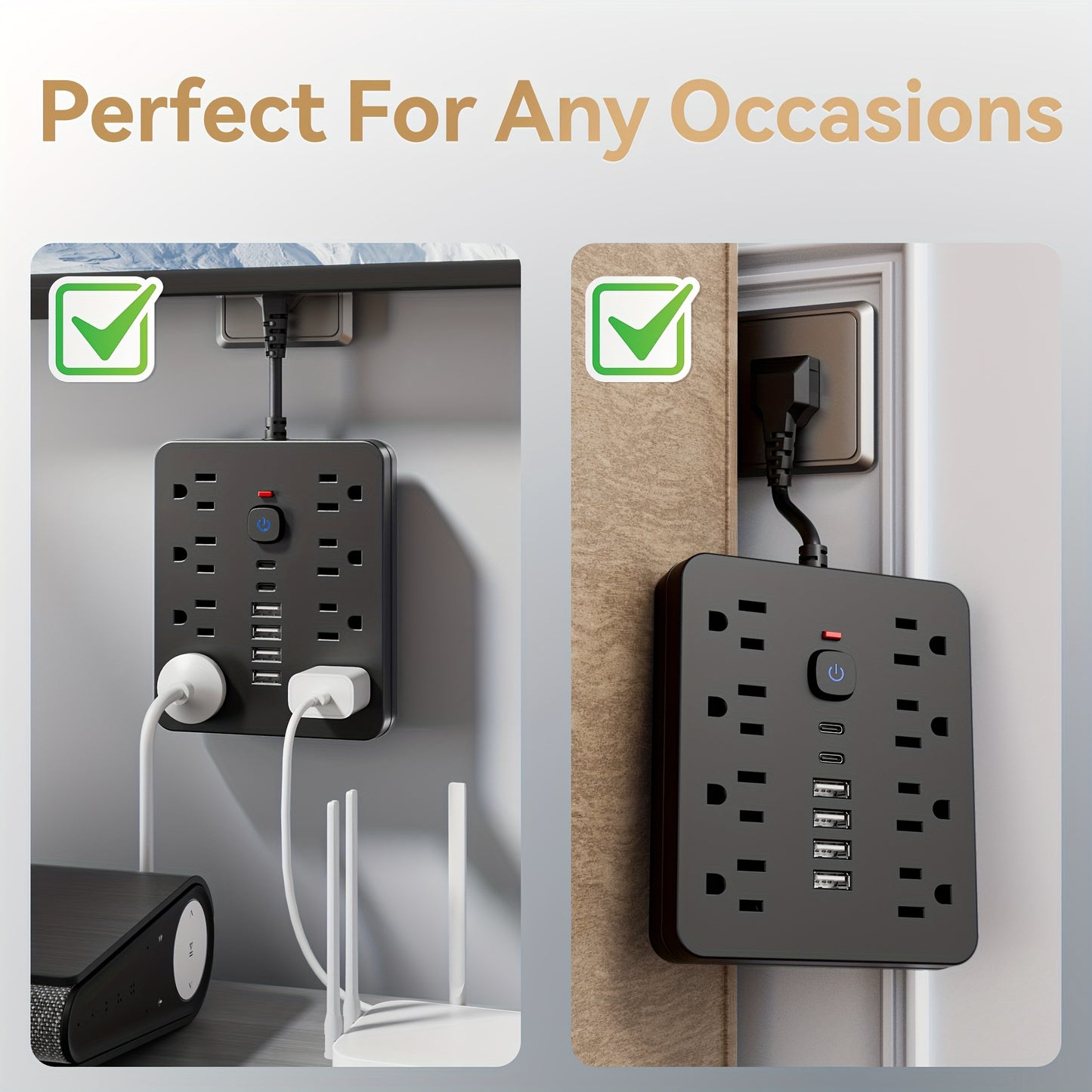 1pc Rectangle USB Charging Station, 8 Outlets with 6 USB (2 USB C) Charging Ports, Multi Plug Outlet Extender, Flexible short charging cable, Flat Plug, Wall Mount, with Surge Protection, On and off switch, 110V/220V Power Su