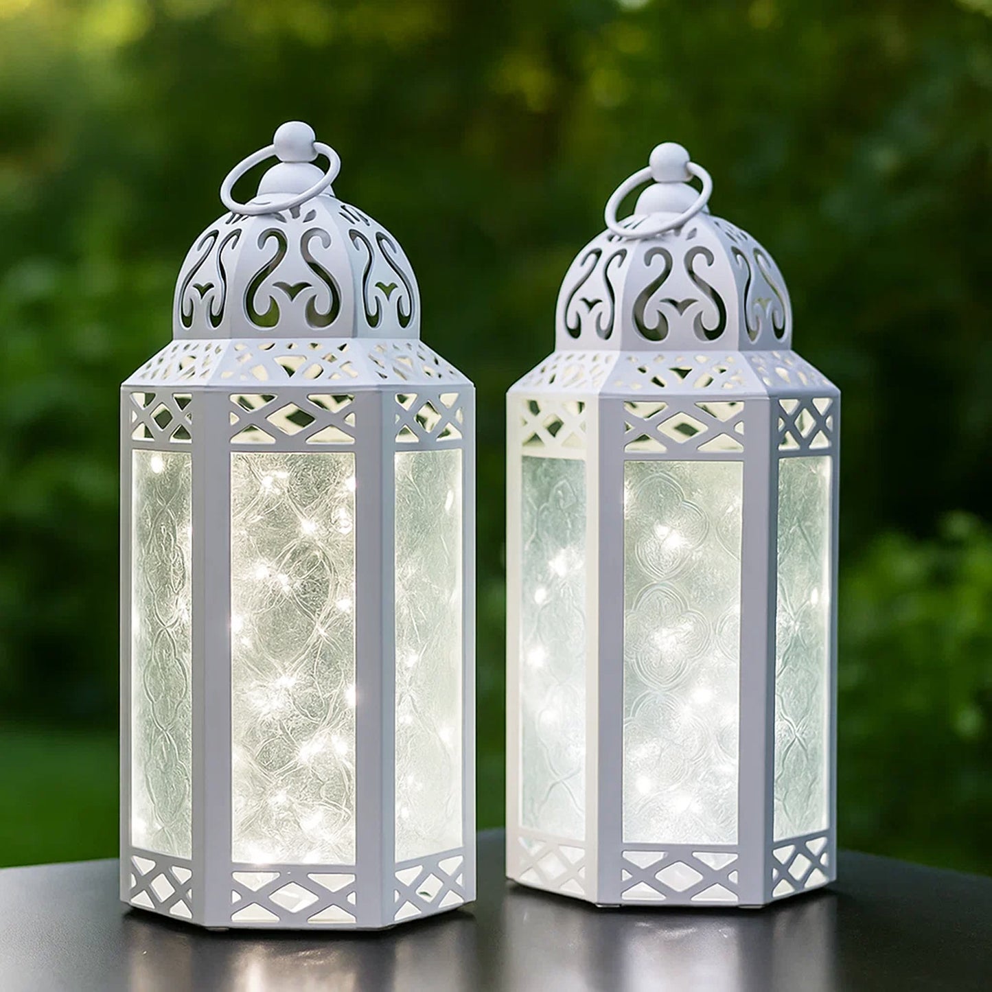 Stunning Ambient Lighting Safe and Stylish Glass Metal Moroccan Candle Lantern Holder Lamp with Battery-Operated LED Lights plus Remote Control – Handcrafted Lantern with Intricate Design and Embossed Glass, Indoor Home Dec