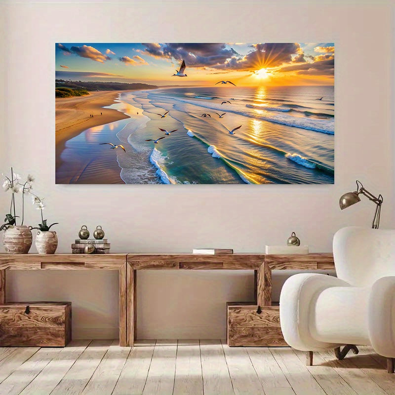 1pc Frameless Modern Beach Sunset Canvas Poster, 27.55x55.11 inches, Waves and Seagulls Wall Art for Bedroom and Living Room Decor, No Frame, Coastal Home Decor