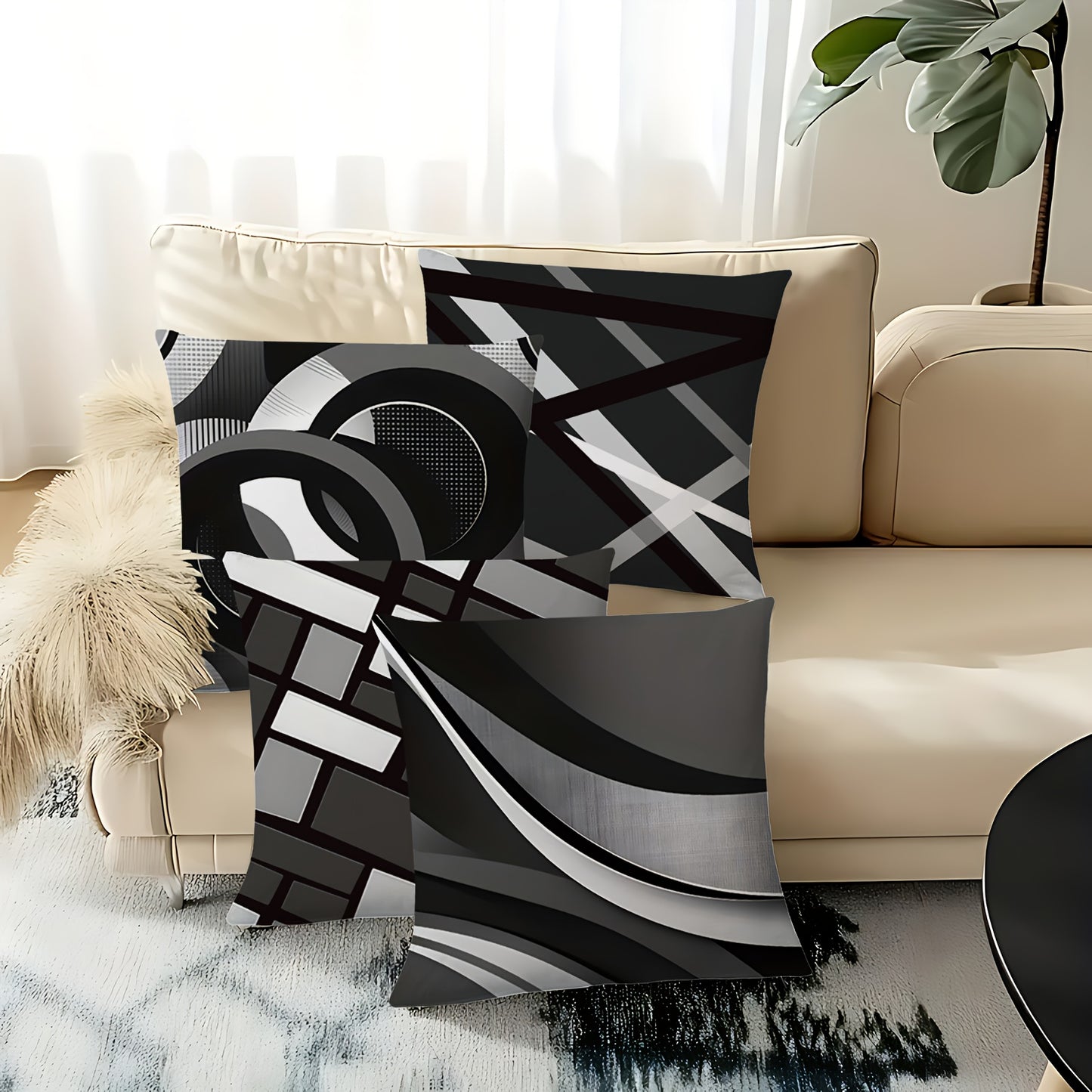 [Modern Geometric Pillow Covers] 4pcs Modern Geometric Abstract Throw Pillow Covers - 17.7x17.7 Inch Decorative Cushion Cases | Polyester Fabric, Zipper Closure, Machine Washable | Contemporary Style for Sofa, Couch & Home De