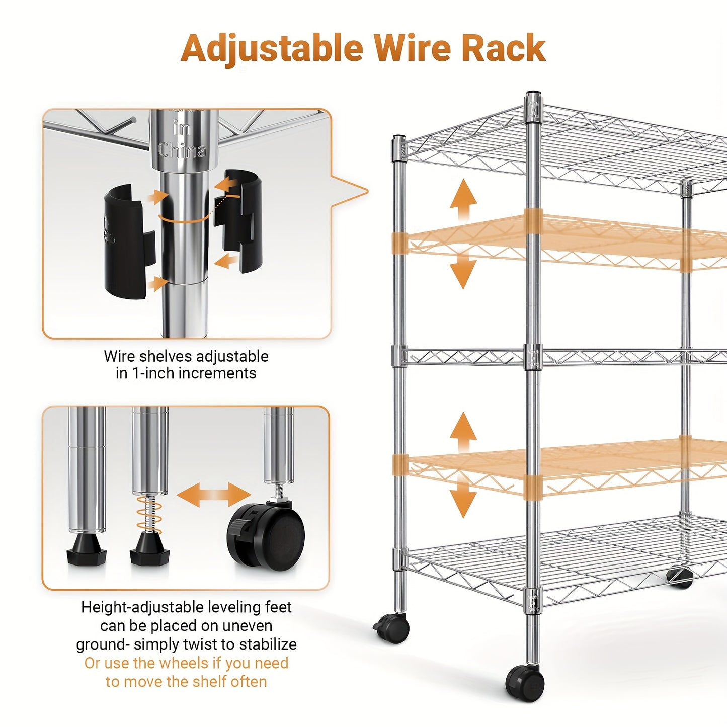 Simple Deluxe Heavy Duty 3-Shelf Adjustable Steel Wire Shelving Unit with Wheels, Chrome Finish - 13.8"W x 23.6"D x 40.5"H, 750 lbs Capacity, Easy No-Tool Assembly for Kitchen, Pantry, Garage, or Office Organization, Kitchen