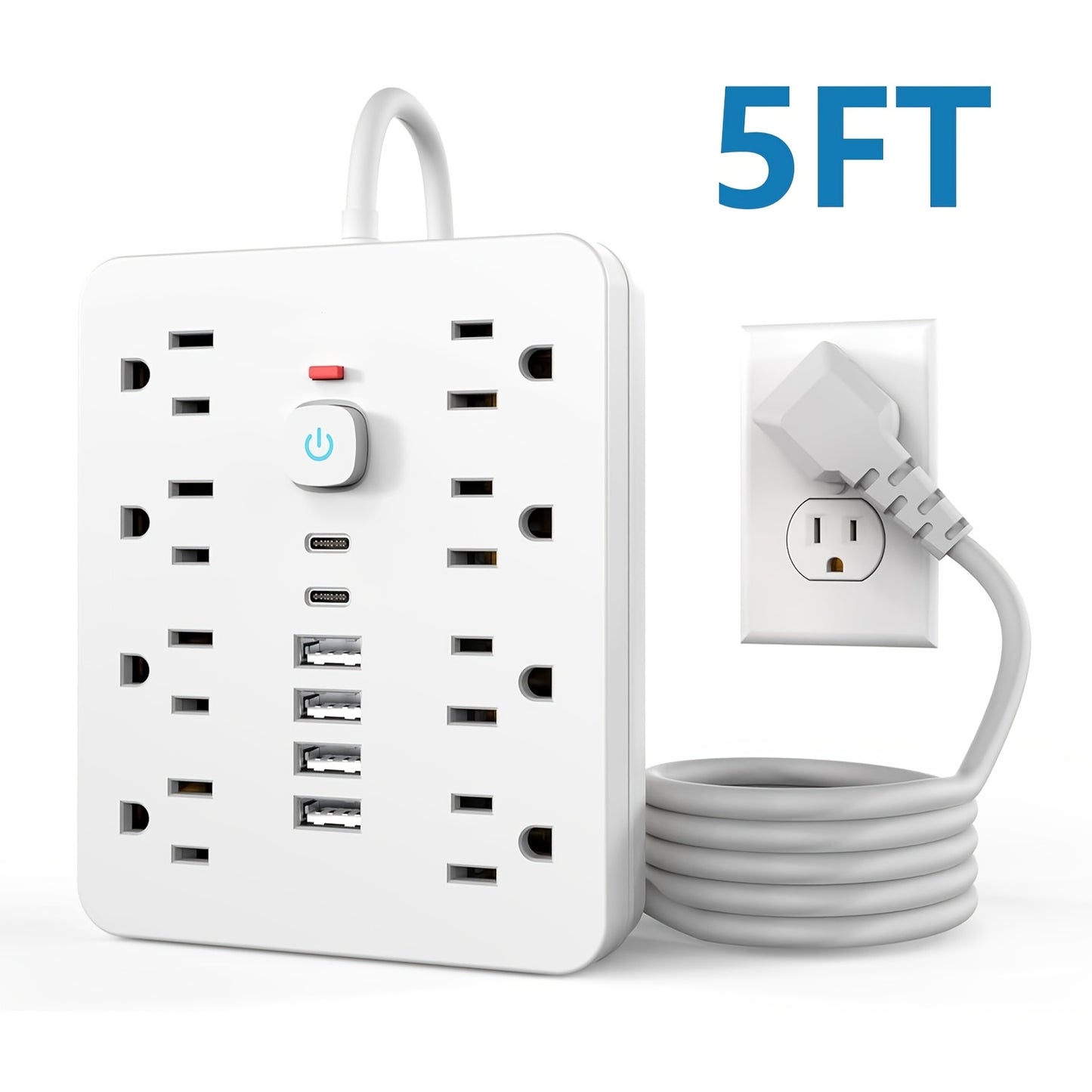 [Black Outlet Surge Protector] 14-in-1 Black Outlet with 8 Receptacles, 4 USB Ports, 2 USB-C Ports, 5/10ft Extension Cord, Flat Plug, Wall Mount, Overload Protection, Power Outlet Surge Protector - Ideal for Home and Office D