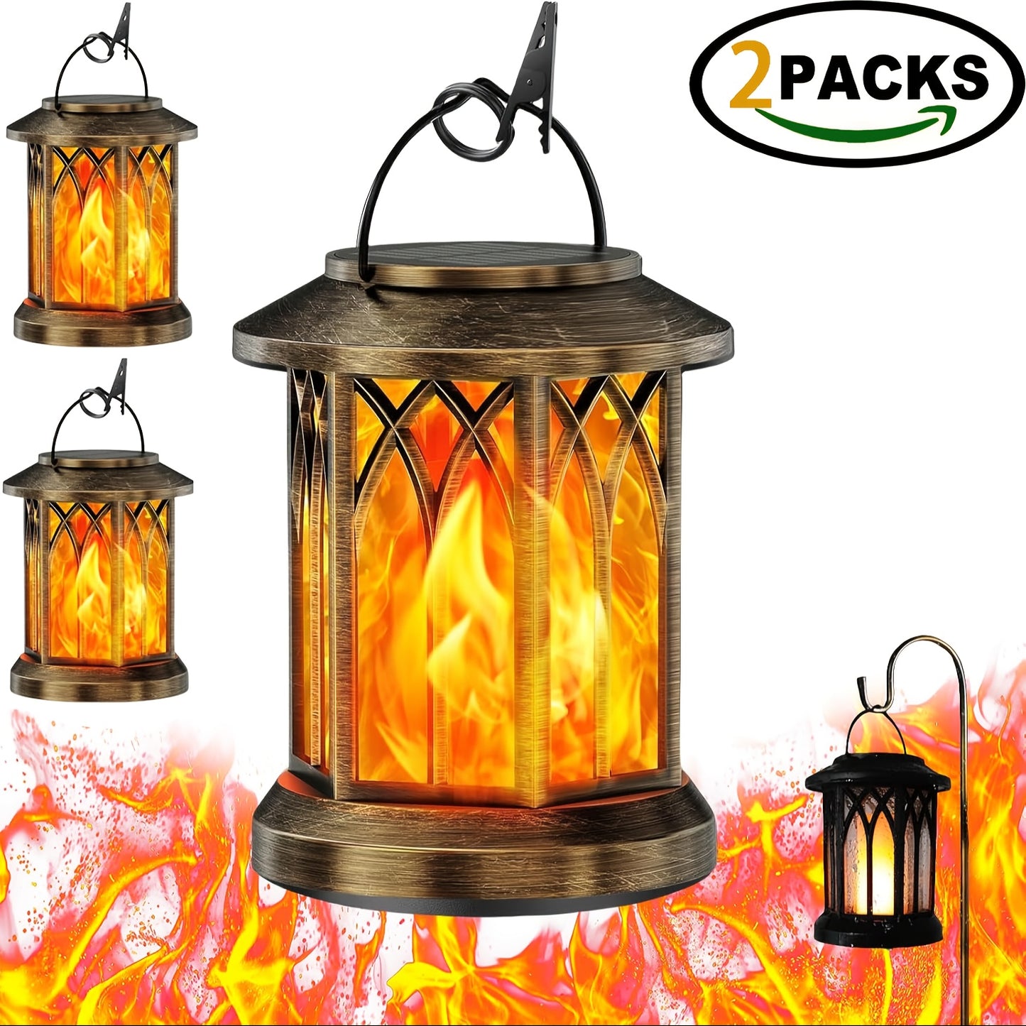 2pcs Solar Lantern Lights Outdoor, Upgraded Flickering Flame Effect,, Hanging Solar Powered Lanterns for Yard and Garden Decor, Black and Bronze, Outdoor Lights