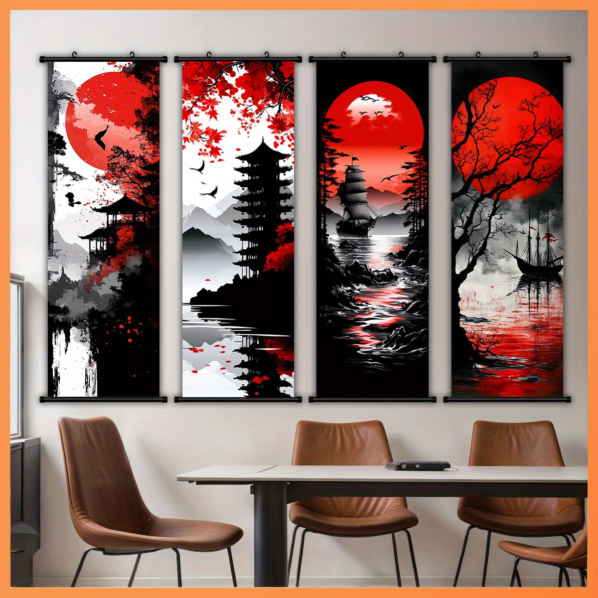 [Japanese Canvas Art] 4pcs Set of Japanese Landscape Canvas Wall Art - Featuring Traditional Red And Black Scroll Paintings - Made from High-Quality Canvas Material - Ready to Hang - with Elegant Wall Decor Suitable for Livin