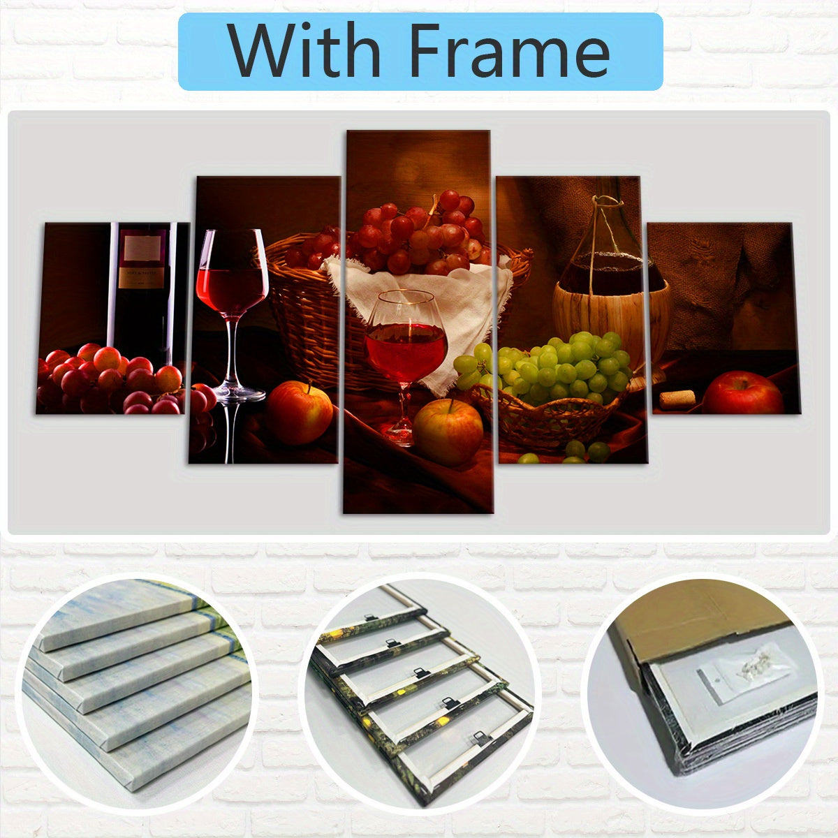 5pcs Exquisite Wooden Framed Wine Painting Canvas, Good Gift for Friend, Pattern Art for Home Decoration, Wall Decor for Living Room, Bedroom, Office, Bar, Restaurant, Waterproof, Odorless Painting, High Quality Waterproof Fr