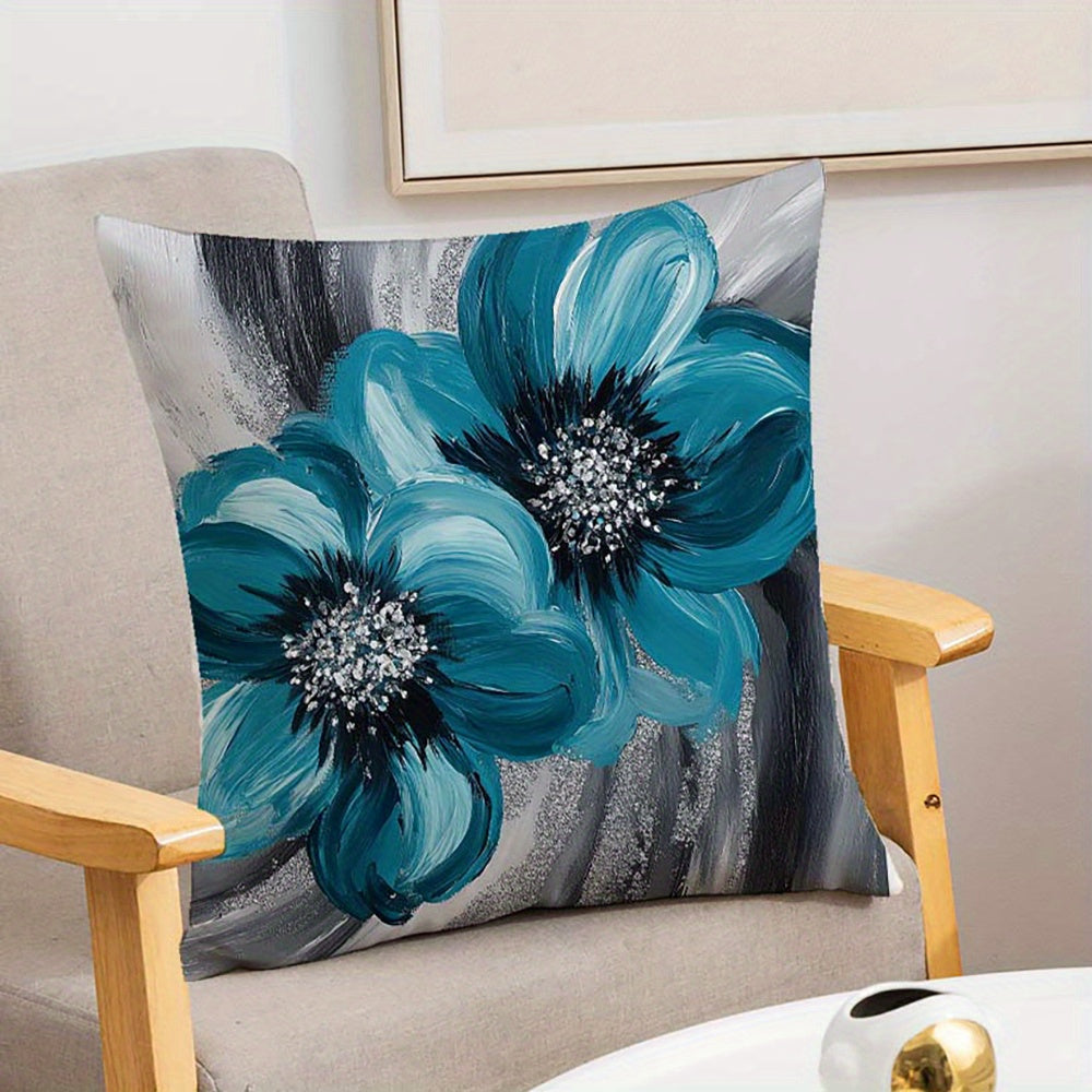 4pcs Large Floral Cushion Covers - Teal Blue & Gray Floral Farmhouse Decor, Zipper Closure Pillow Cases, Machine Washable Polyester Cushion Covers for Living Room, Bedroom, Patio - Modern Home Accents, Farmhouse Pillow Covers