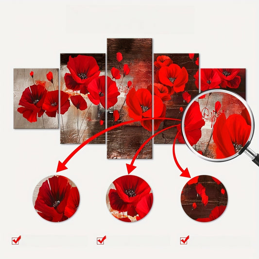 [2D FLAT] 5pcs Frame Beautiful Colored Roses Canvas Poster, Five Panel Scene Art, Modular Picture, Print Painting, Ideal Decor for Bedroom Living Room Kitchen Dorm, Wall Decoration, Gift for Family Friends, Murals, Waterproof
