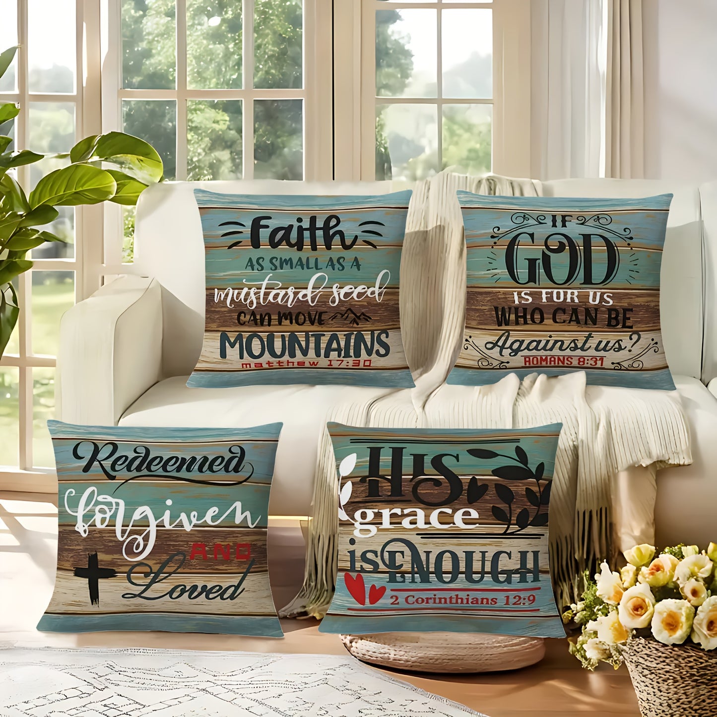 4pcs 17.7*17.7 Inches Modern Christian Faith Inspirational Scripture Pillow Covers - Printed With Zipper Closure, Pillow Cases For Sofa, Living Room, Bedroom, Office, Outdoor, Modern Farmhouse, Party Decoration & Home Decorat