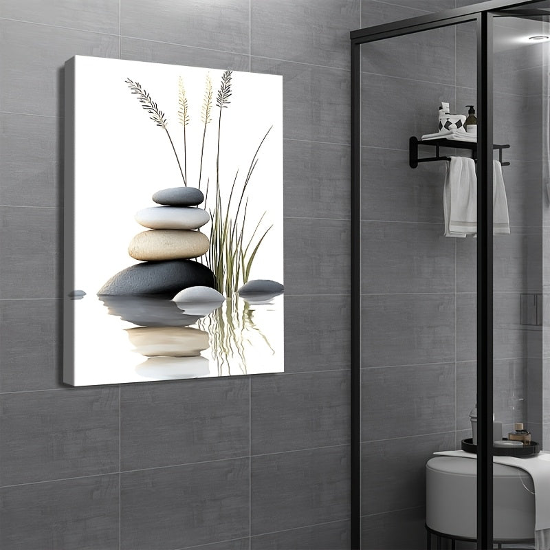 [Bohemian Wall Art] 1pc Solid Wood Framed Canvas Poster - Waterproof Durable Wall Art with Tranquil Stacked Stones & Grasses Design, Contemporary Bohemian Modern Style for Living Room, Bathroom Decor, Spring Holiday Gift for