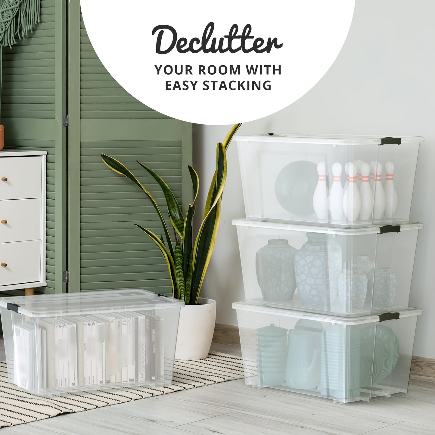 6pcs/set 34QT/54QT/75QT, [Upgraded Version] With Lid Storage Box, Super Durable Lid And Safety Buckle - Super Transparent, Toy Stackable Book, Clothing Storage Container, Closet, Wardrobe, Bedroom, Bathroom, Office Home Plast