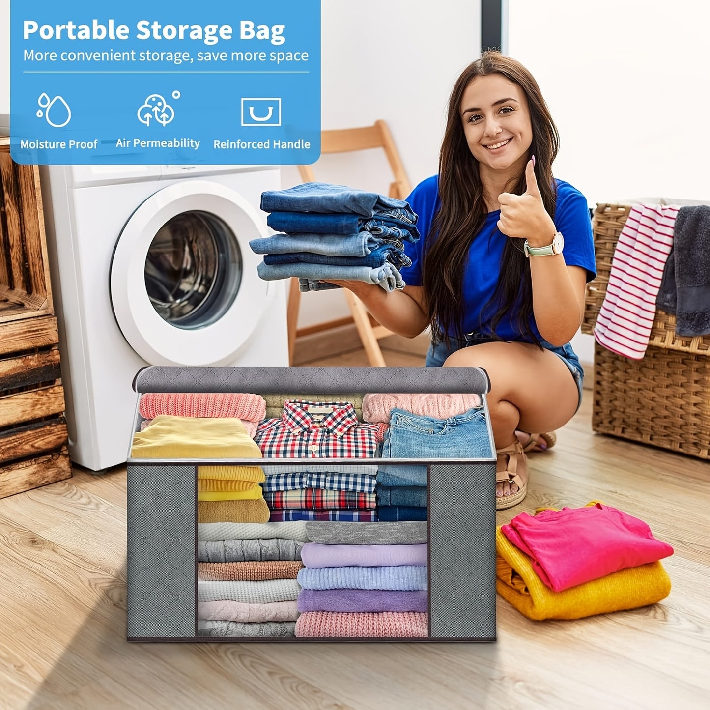 6pcs Extra Large Storage Bags, Durable Folding Clothes Organizer For Bedding, Blankets, Pillows, And Toys, Thick Polypropylene Fabric, With Zipper And Lid, Reinforced Handles, For No Electricity Needed, Other (Accessory Organ