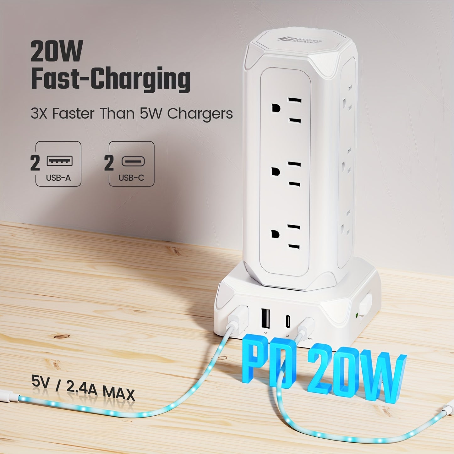 12 Outlets(1625W/13A) Power Strip Tower with 35W USB(2 USB-A & 2 USB-C) Charging Station, 20W PD Fast Charger, Surge Protector, 6.5/10/15ft Flat Plug Extension Cord with Multiple Outlets for Home, Office, Dorm, Multi Outlet P