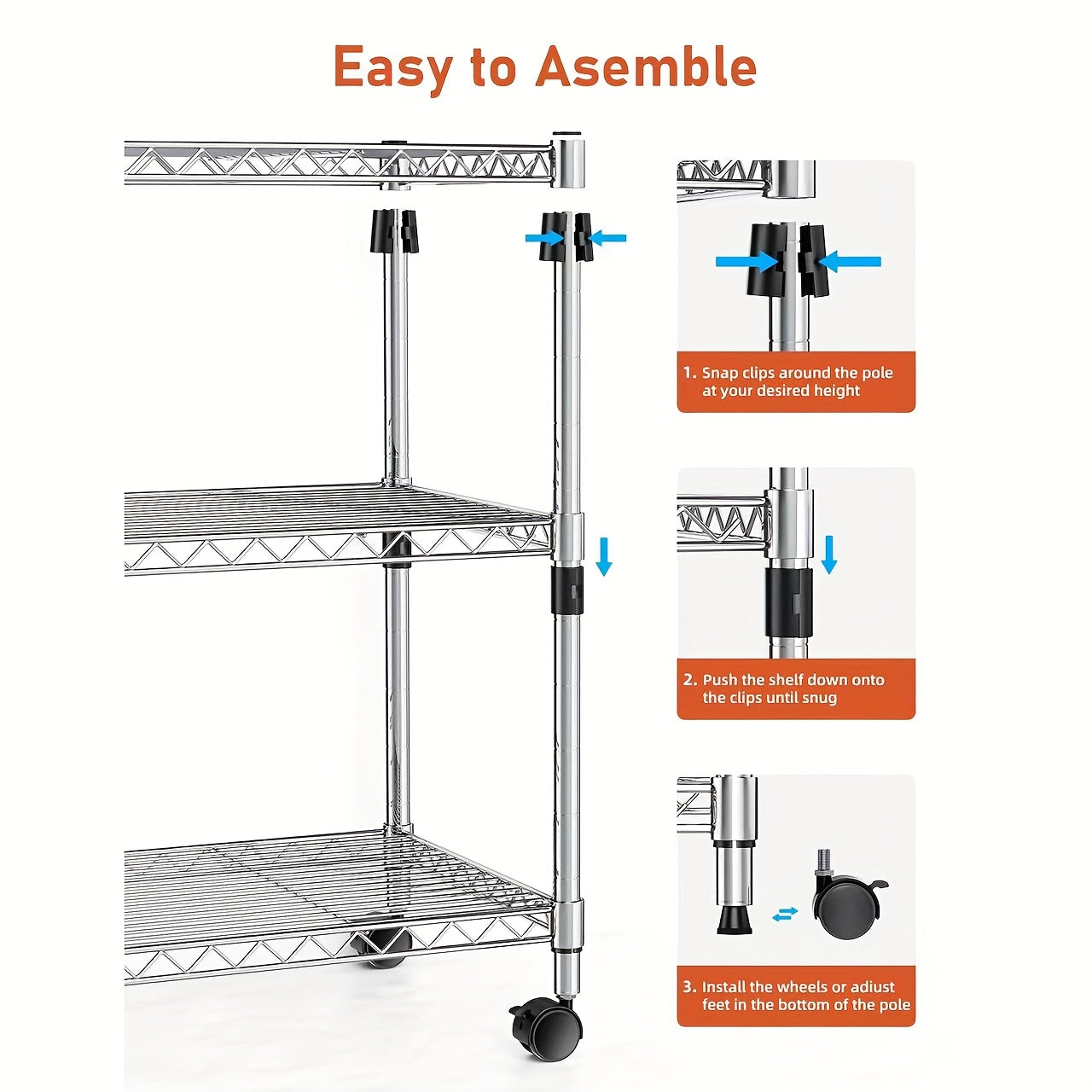 HealSmart 3-Tier Heavy Duty Storage Shelves 750Lb Capacity, 24.02" D X 13.78" W X 30" H Shelving Unit for Pantry, Garage, Laundry And Kitchen, Chrome, Standing Shelf