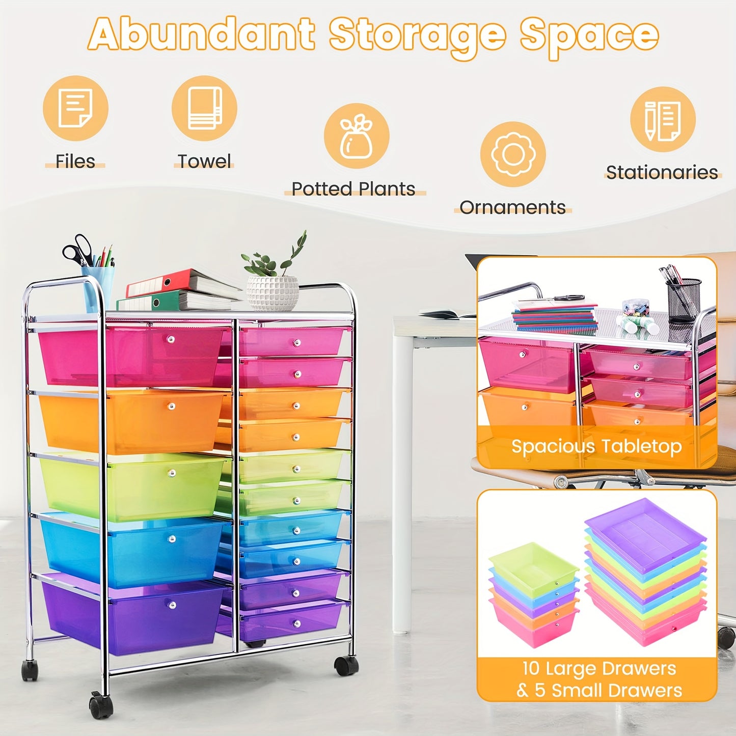 Costway 15 Drawer Rolling Storage Cart Tools Scrapbook Paper Office School Organizer