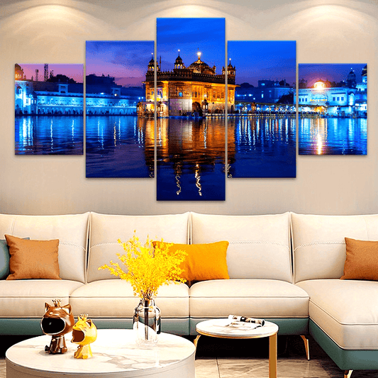 5pcs Wooden Framed Famous Architectural Scenery India Amritsar Golden Temple Canvas, Fashion Poster, Art for Home Decoration, Pattern Wall Art Decor, for Living Room, Bedroom, Office, Restaurant, Bar Wall Decor, Waterproof, P