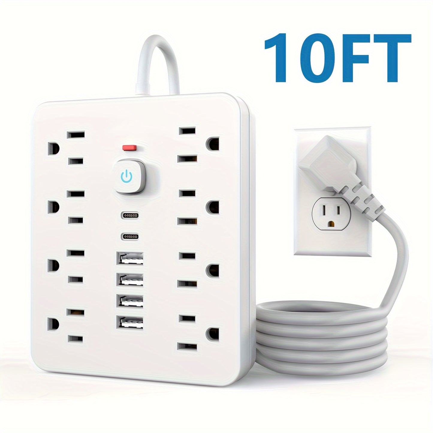 [14in 1 Power Strip] 14in 1 Power Strip Surge Protector with 8 Outlets, 4 USB and 2 USB C Ports | Flat Plug, Wall Mount, Overload Protection | Desk USB Charging Station for Home, Office