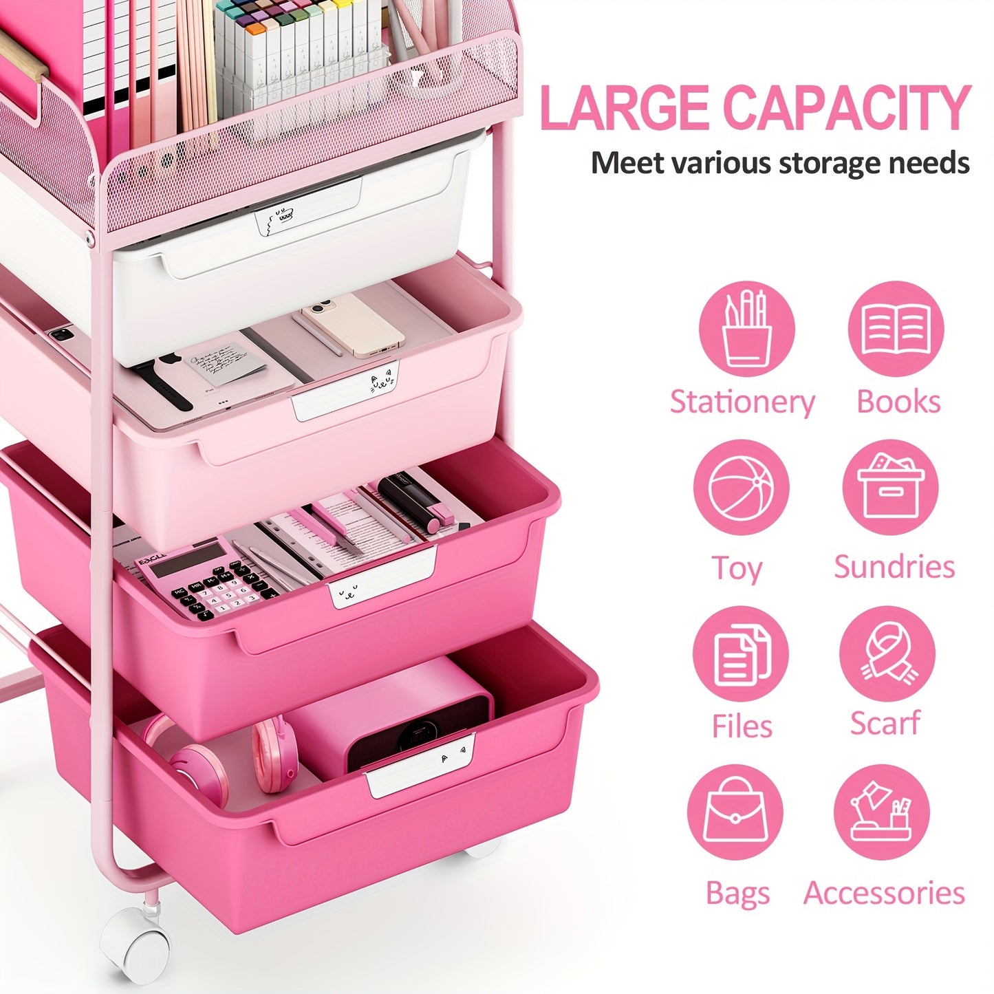 Pink Rolling Utility Cart with 4 Drawers & 4-Tier Mesh Top - Mobile Storage Organizer with 4pcs DIY Lable Drawers, Durable Metal Frame, 3.2 Cu Ft Capacity, Compact Under 27" Height for Office, Craft Room, Home Organization, S
