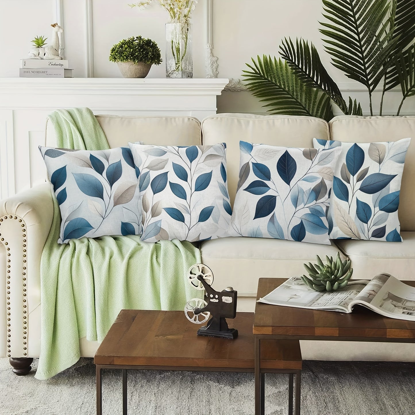 Grey Blue 4 Pack Leaf Theme Decorative Throw Pillow Covers - Double Sided Polyester Printed Pattern Zipper Closure Home Decor for Living Room, Bedroom and Sofa Home Decor (Pillow Inner Not Included)