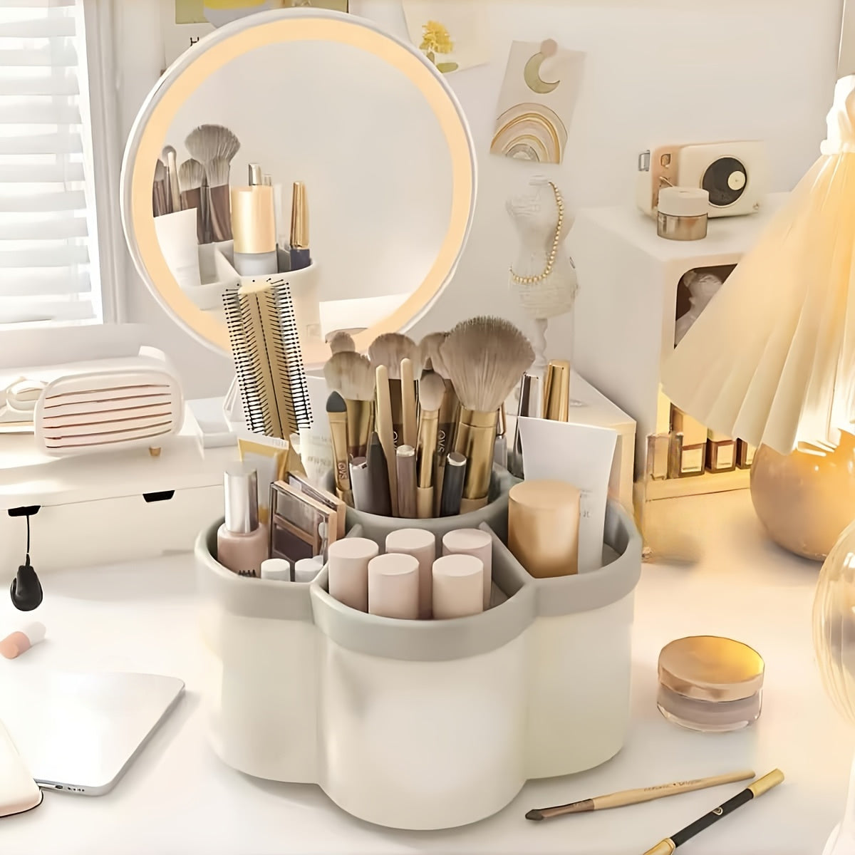 [Durable Desktop Organizer] 1pc 360-Degree Rotating Durable Plastic Desktop Organizer with 6 Compartments | Multi-Purpose Storage for Office Supplies, Makeup Brushes, Pens, Cosmetics & Stationery - Space-Saving Desk Organizer