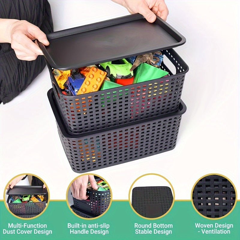 6pcs Stackable Plastic Storage Bins with Lids - Durable Gray Organizer Baskets for Home, Office, and Classroom - Multi-Purpose Shelf Bins, 10.2x7.2x4.1 Inches, Home Organization | Sleek Storage Solution | Stackable Bins