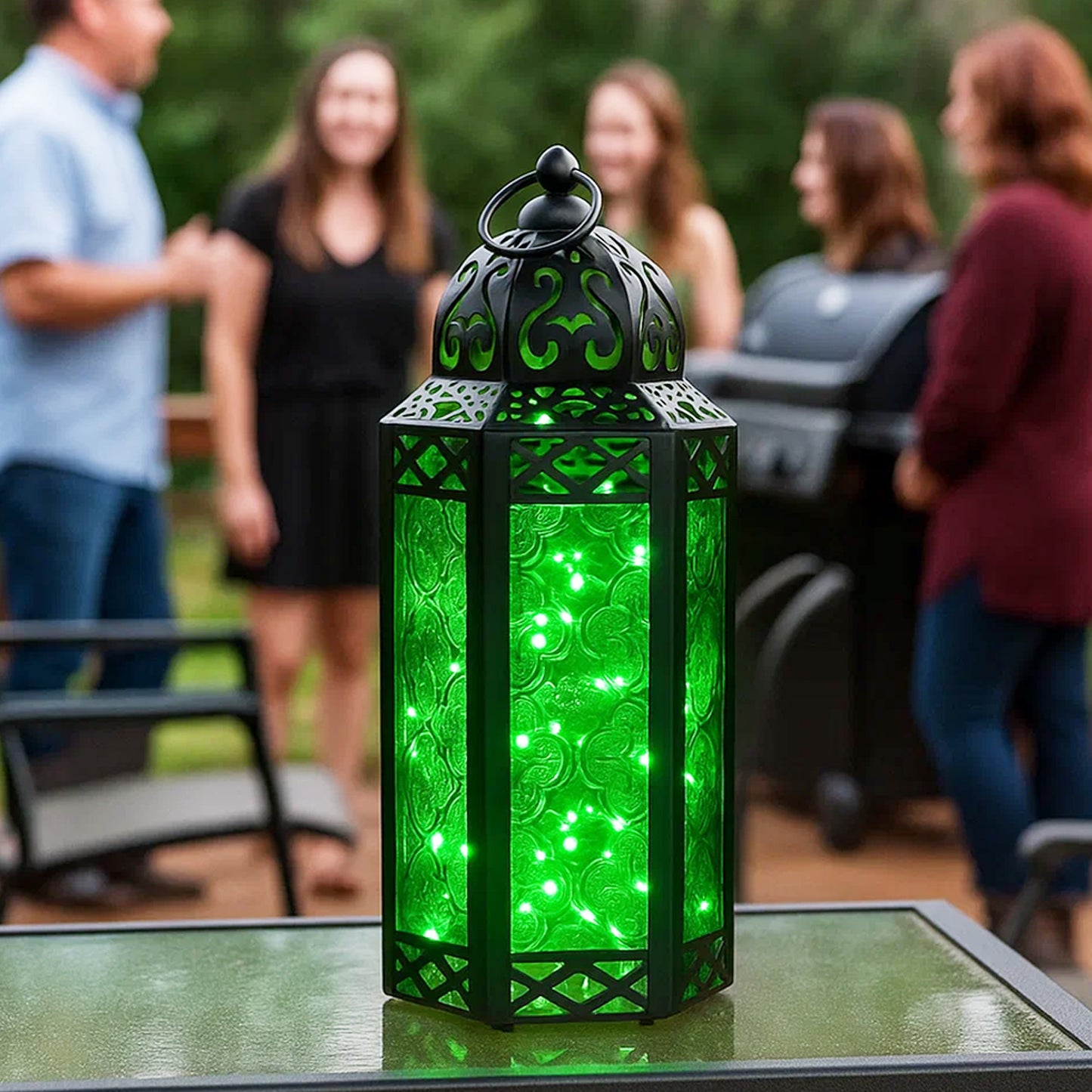 Stunning Ambient Lighting Safe and Stylish Glass Metal Moroccan Candle Lantern Holder Lamp with Battery-Operated LED Lights plus Remote Control – Handcrafted Lantern with Intricate Design and Embossed Glass, Indoor Home Dec