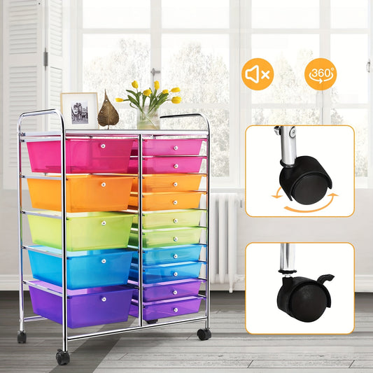 Costway 15 Drawer Rolling Storage Cart Tools Scrapbook Paper Office School Organizer