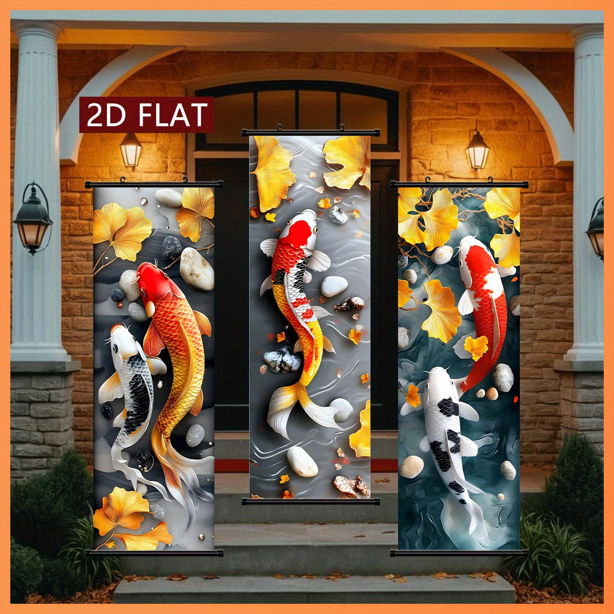 3pcs Chinese Fengshui Ink Koi Carp and Ginkgo Scroll Painting Set, 3D Embossed Craftsmanship, Suitable for Living Room and Study Wall Decoration, New Year Housewarming Gift, Auspicious Attract Wealth Artistic Gift