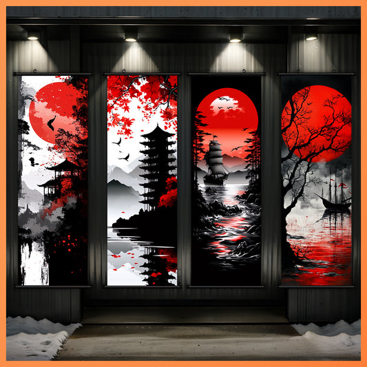 [Japanese Canvas Art] 4pcs Set of Japanese Landscape Canvas Wall Art - Featuring Traditional Red And Black Scroll Paintings - Made from High-Quality Canvas Material - Ready to Hang - with Elegant Wall Decor Suitable for Livin