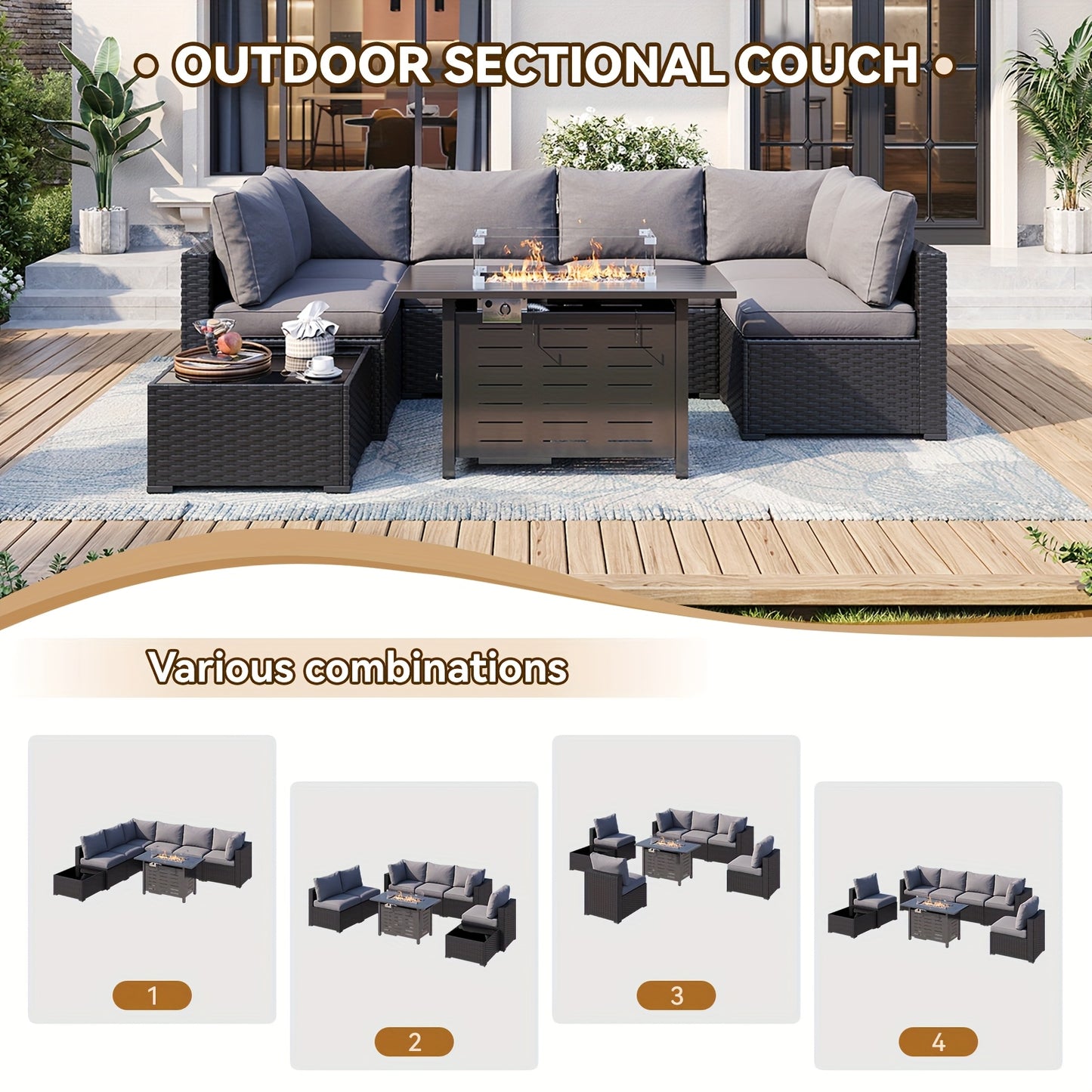 Oneinmil 3 & 8pcs Outdoor Sectional Patio Furniture Set with Fire Pit Table | L-Shaped Wicker Rattan Conversation Set | 4" Thick Waterproof Cushions for All-Weather Seating - Patio Furniture Outdoor for Deck, Garden, Poolside