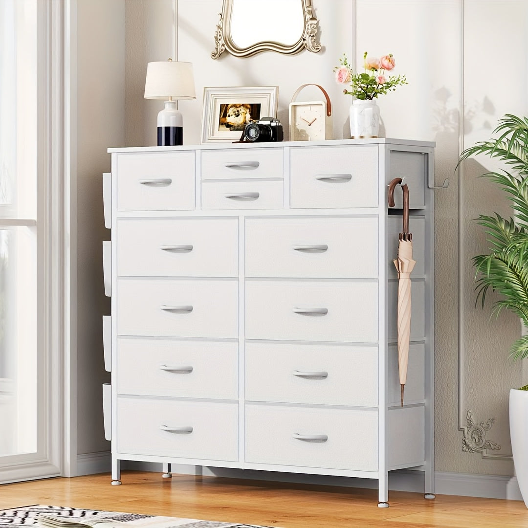 AOWOS 12 Drawer Fabric Dresser with Metal Frame And Wooden Tabletop, Chest of Drawers with Side Pockets And Hooks, Storage Dresser, Fabric Storage Tower, Fabric Drawer Organizer for Bedroom, Living Room, Closet, Hallway