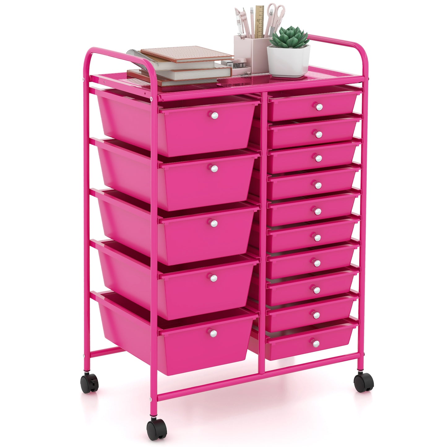 1pc MULTIGOT Contemporary Cast Iron 15-Drawer Rolling Storage Cart, Wheeled Mobile Organizer with Metal Frame, Floor Mount, No Electricity Needed