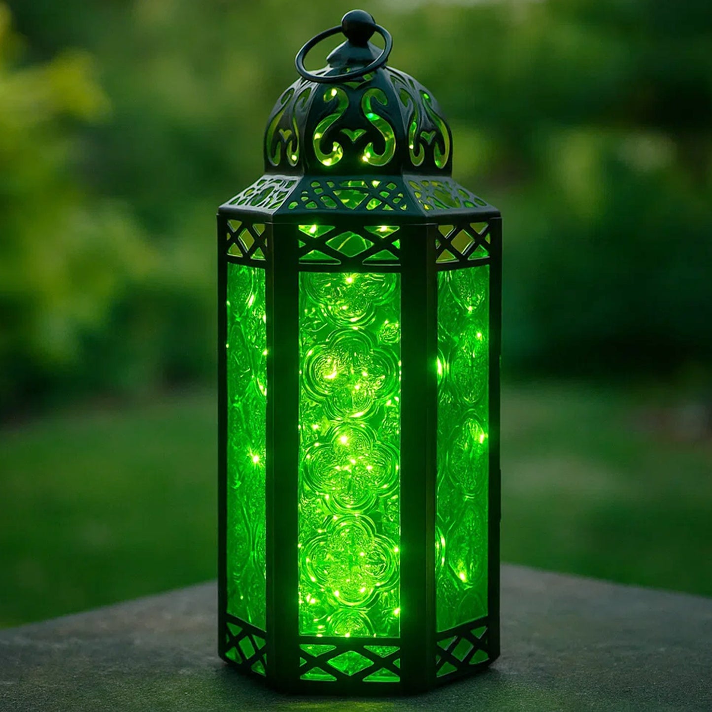 Stunning Ambient Lighting Safe and Stylish Glass Metal Moroccan Candle Lantern Holder Lamp with Battery-Operated LED Lights plus Remote Control – Handcrafted Lantern with Intricate Design and Embossed Glass, Indoor Home Dec