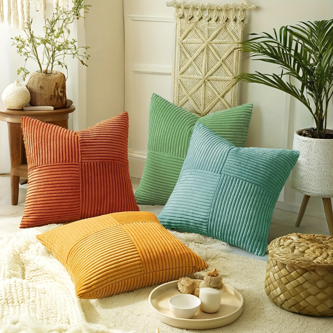 [Bohemian Pillow Covers] 4pcs Bohemian Style Patchwork Throw Pillow Covers | Soft Corduroy, Gradient Textured, Zip Closure, Polyester Fiber, 12in*20in, 18in*18in, Green, Orange, Teal, Yellow, Hand Wash Only, Farmhouse Aesthet