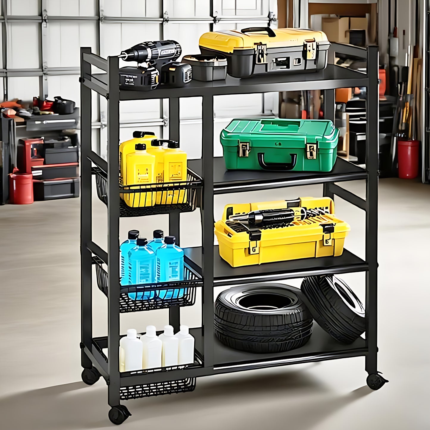 Movable Storage Rack, Adjustable 4-Layer Storage Rack with 3 Wire Baskets