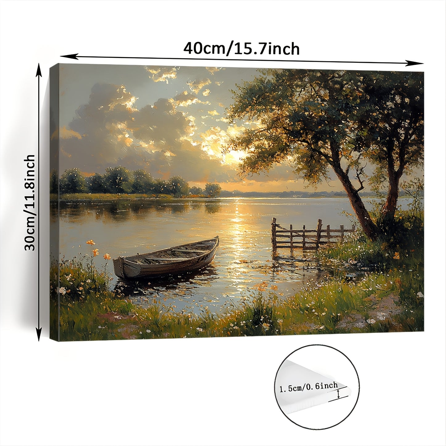 1pc Serene Sunset Lake & Boat Canvas Art Print, 11.8x15.7in - Wooden Framed Wall Decor for Living Room, Bedroom, Kitchen, Office - Tranquil Nature Scene, Ideal Gift, Coastal Home Decor, 2D, Perfect for Room Decor