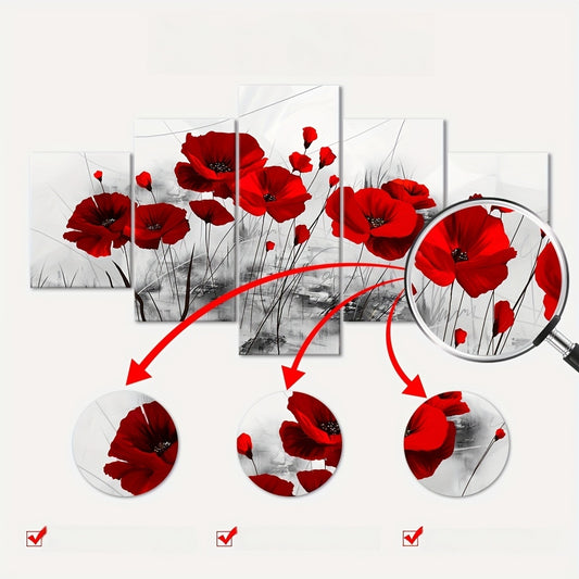 5pcs Modern Red Poppy Canvas Art Set - Vibrant Five-Panel Wall Decor, Waterproof & Odorless, Perfect for Living Room, Bedroom, or Kitchen, Ideal Gift for Family and Friends, Poppy Flower Decor
