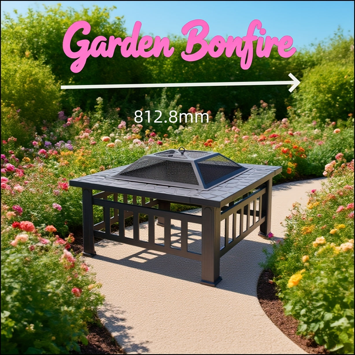 with Safety Net Cover! Imitation Stone Texture Elegant Black Charcoal Wood-burning Fire Pot with Fire Poker + Drainage Hole for Patio Barbecue And Heating. Enjoy Barbecue Parties In Spring, Summer, Autumn And Winter