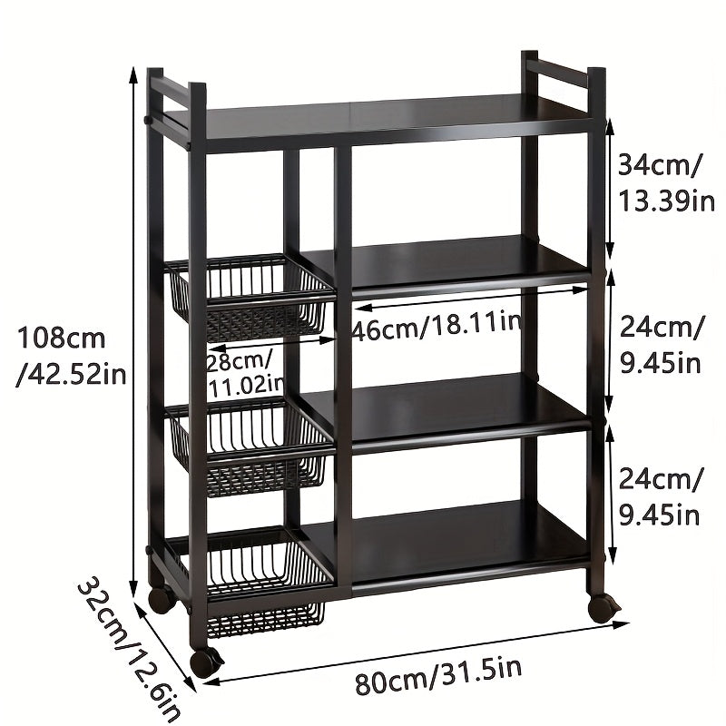Movable Storage Rack, Adjustable 4-Layer Storage Rack with 3 Wire Baskets