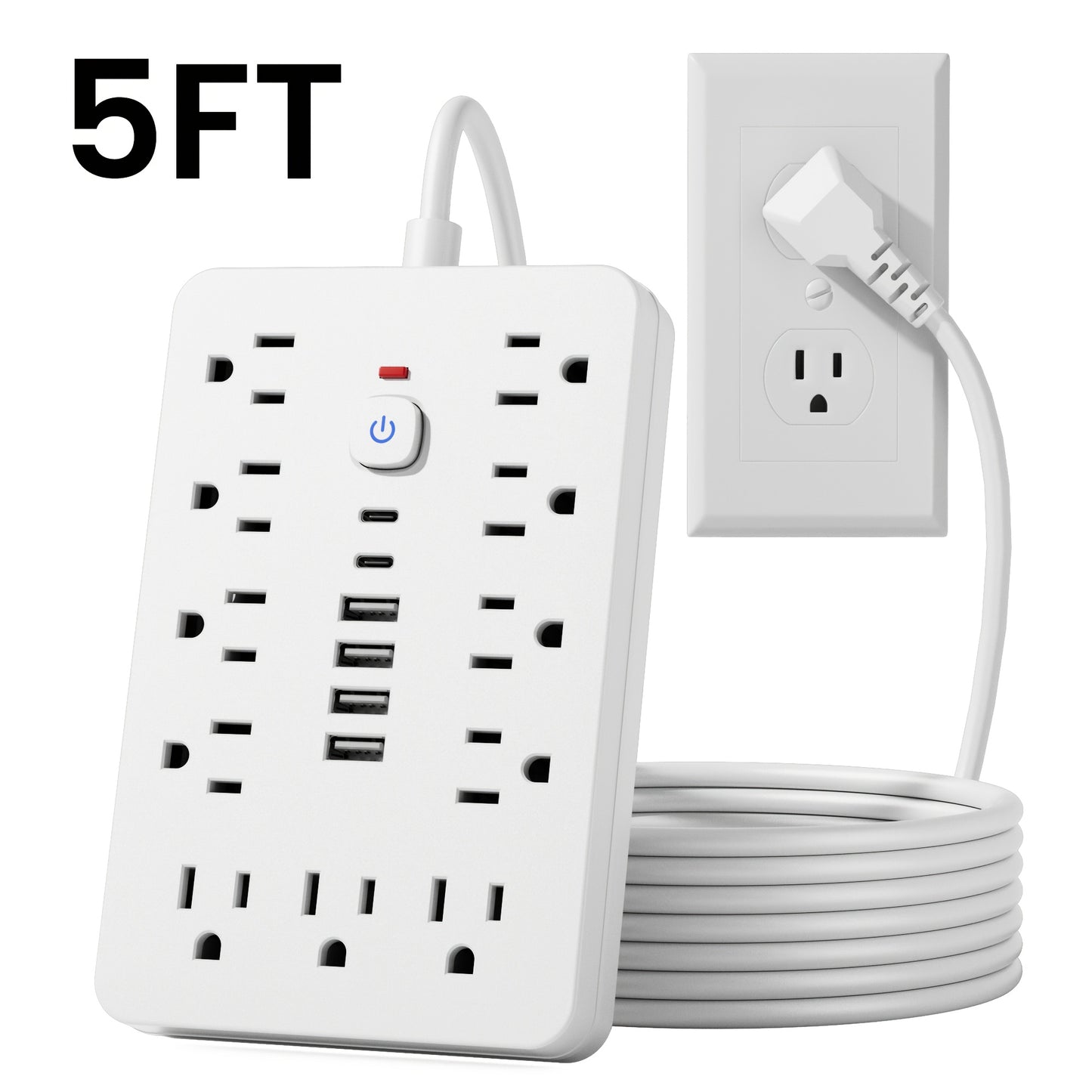[11-Outlet Power Hub] 11-Outlet Power Hub with 4 USB and 2 USB-C Ports | 5FT or 10FT Length, Flat Plug, Wall Mountable, Overload Protection | Ideal for Home or Office Use