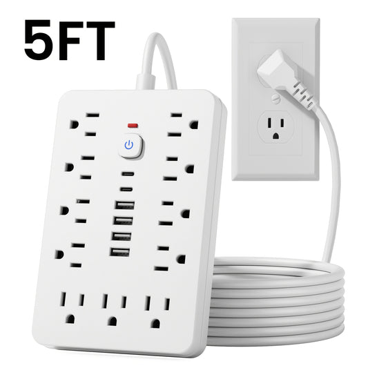 [11-Outlet Power Hub] 11-Outlet Power Hub with 4 USB and 2 USB-C Ports | 5FT or 10FT Length, Flat Plug, Wall Mountable, Overload Protection | Ideal for Home or Office Use