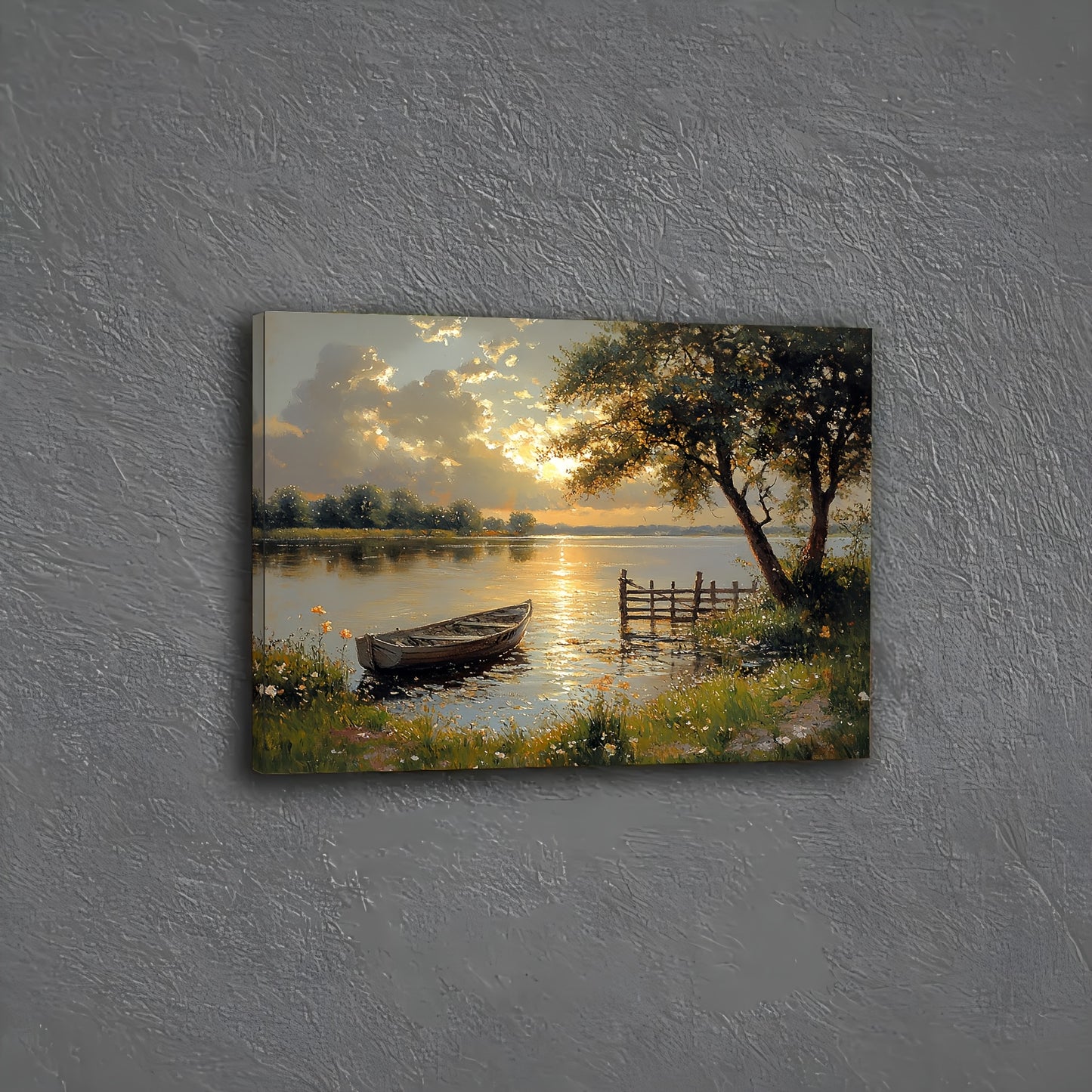 1pc Serene Sunset Lake & Boat Canvas Art Print, 11.8x15.7in - Wooden Framed Wall Decor for Living Room, Bedroom, Kitchen, Office - Tranquil Nature Scene, Ideal Gift, Coastal Home Decor, 2D, Perfect for Room Decor
